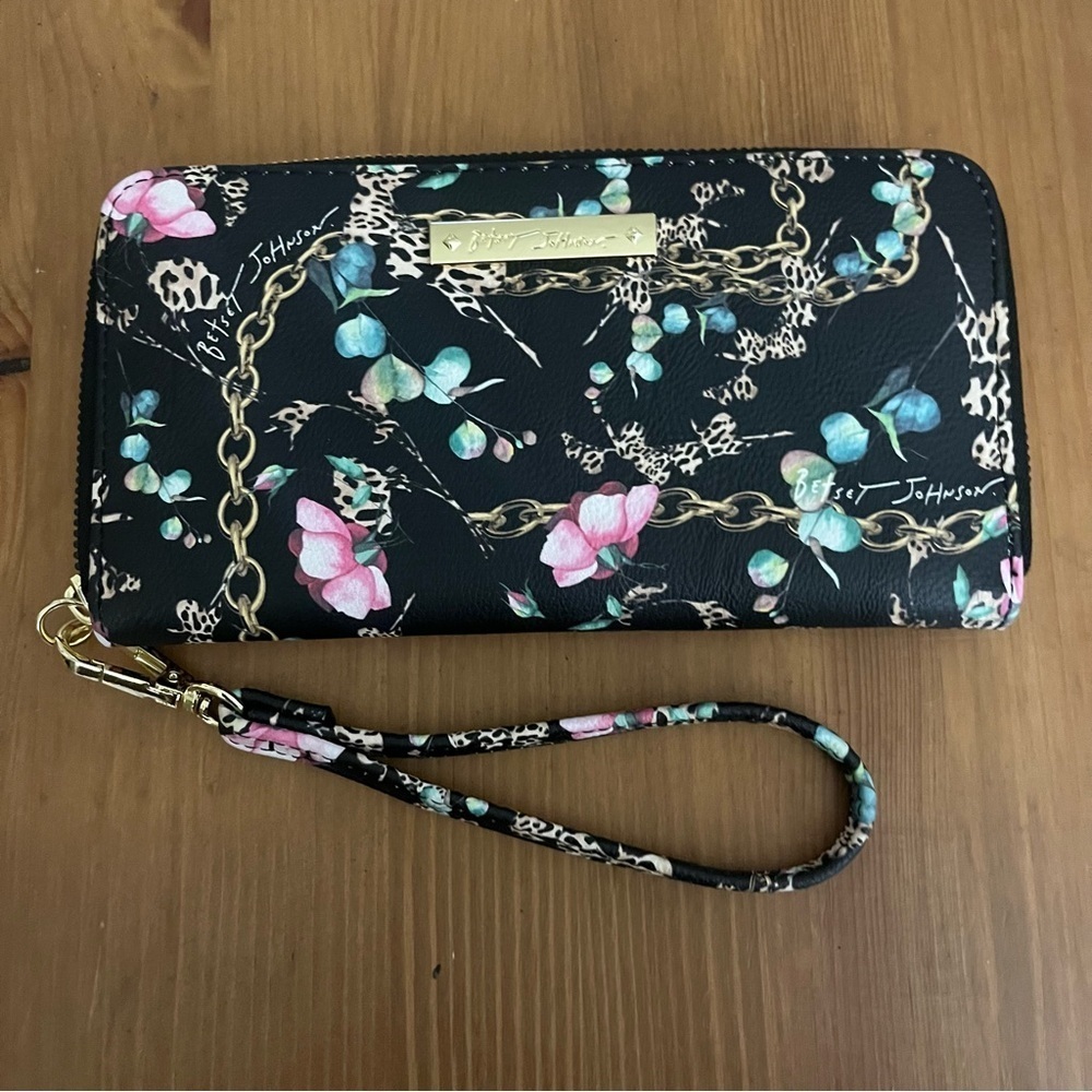 Betsey Johnson Black Floral Gold Chain Women's Trifold Wristlet Wallet